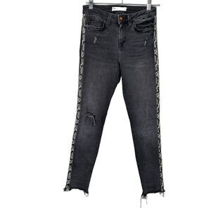 Zara 1975 denim black ripped jeans faux snakeskin side accents size 2